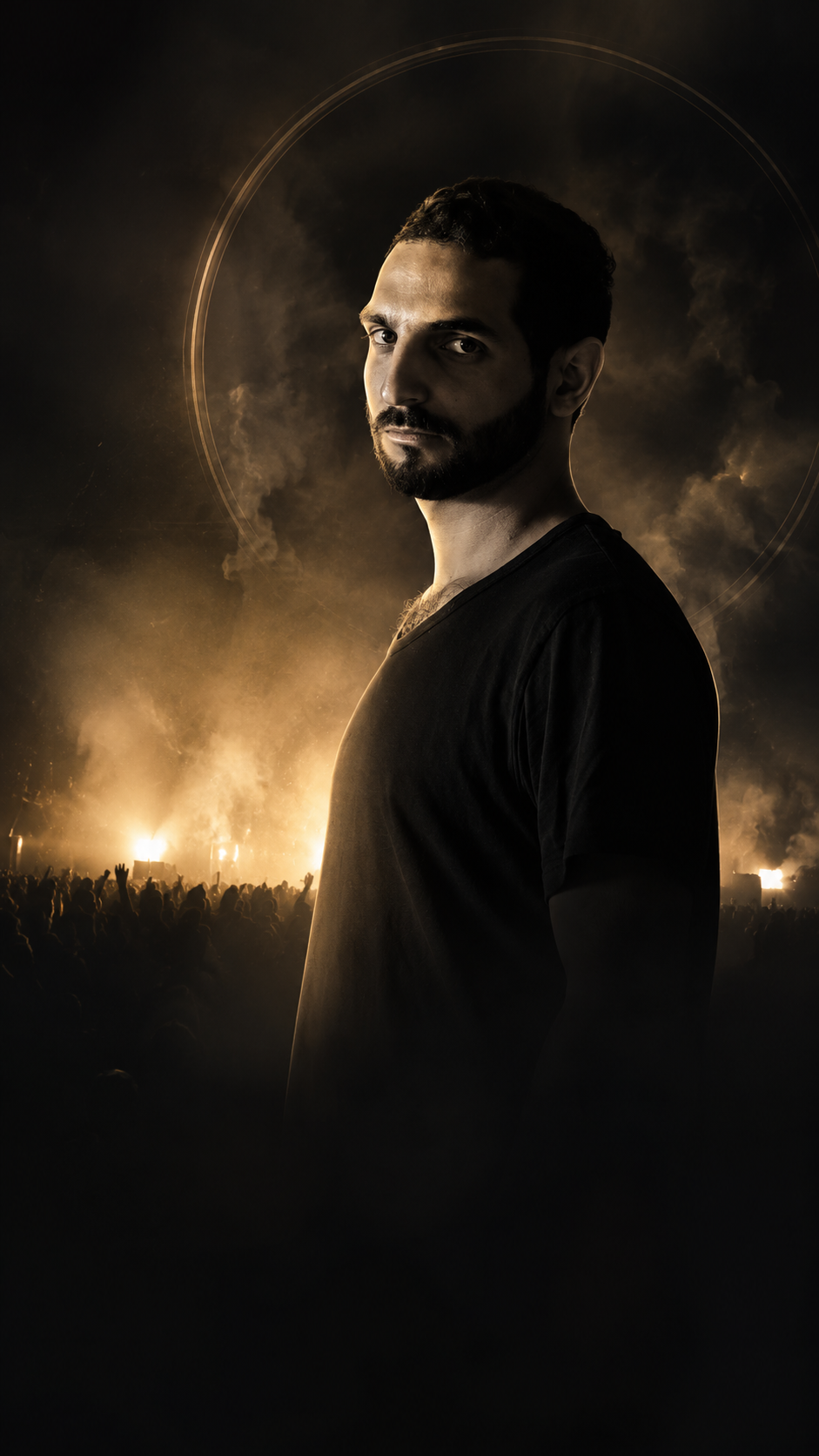 Roy Rosenfeld, Israeli DJ and producer, with a dramatic golden sunset festival backdrop and crowd silhouettes